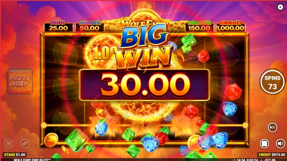 Tampilan visual slot Wolf Fury Fire Blitz dengan simbol buah klasik dan elemen api yang membara